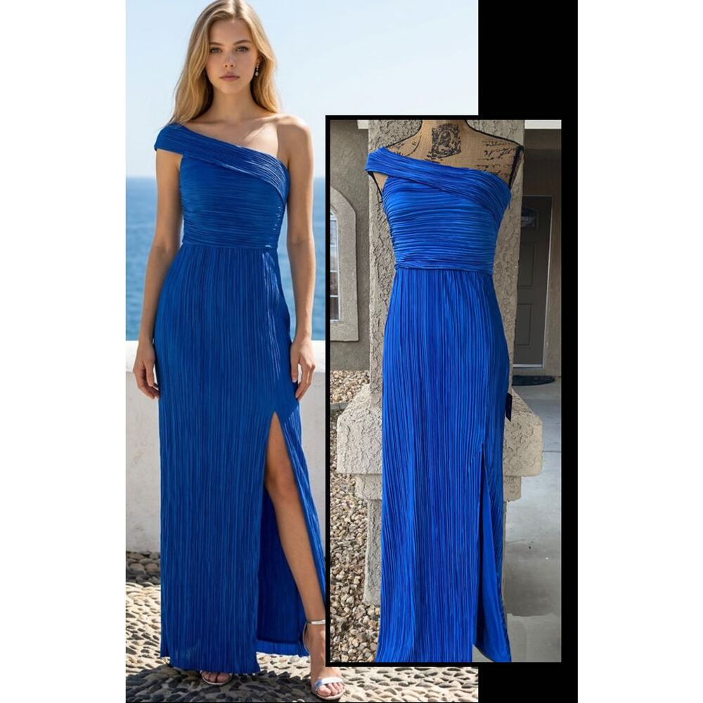 Lulus Poised Performance Blue Plisse One-Shoulder Maxi Dress Size S NEW